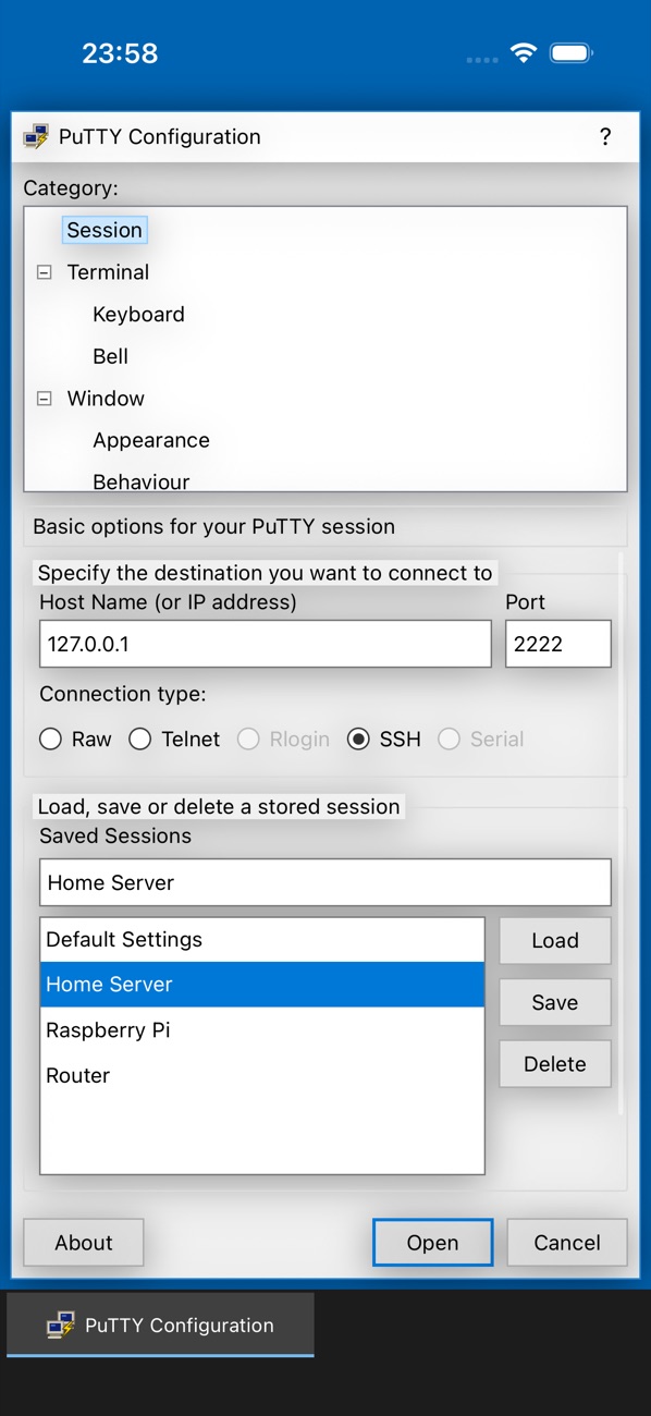 The PuTTY Configuration window on iPhone with saved sessions Home Server, Raspberry Pi and Router