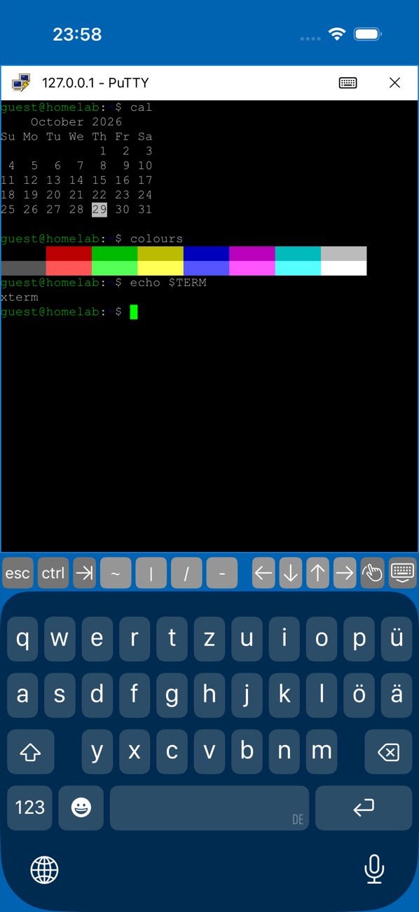A terminal session showing a calendar and the sixteen PuTTY colours